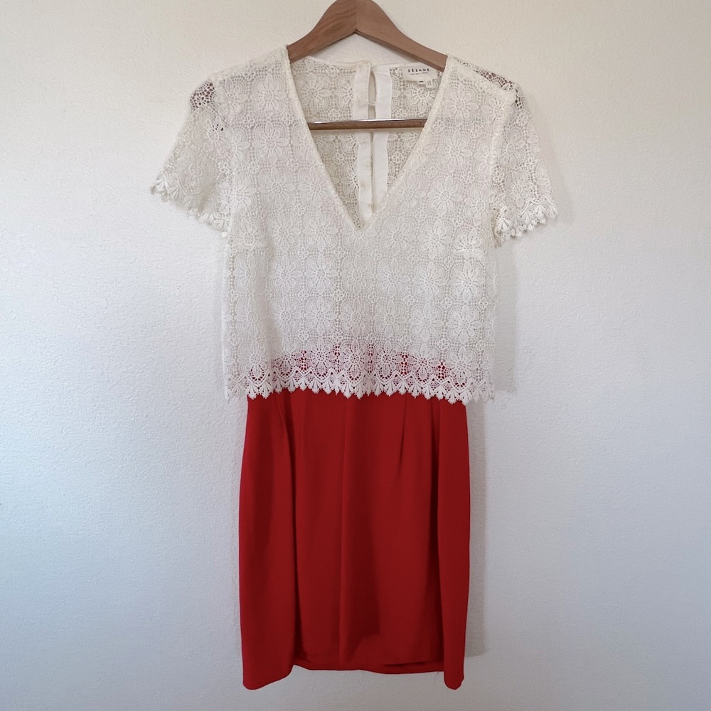 Sezane White Lace Top and Red Skirt Dress Size 36 / 2 / 4